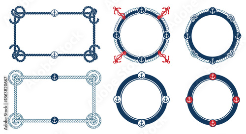 Set of rectangular and circular nautical frames made from marine rope and decorated with anchors for sea-themed invitations.
