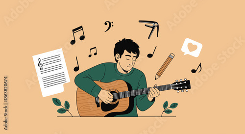 Young man contentedly playing an acoustic guitar and composing music, surrounded by musical notes and songwriting elements.