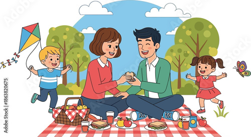 Cheerful cartoon family enjoying a delightful outdoor picnic together with children playing happily under sunny park trees