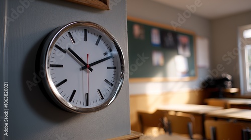Wall clock in classroom with empty desks and chalkboard background, school schedule and time management concept