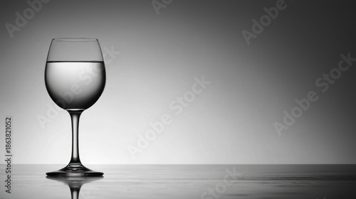 Minimalist Glass of Water in Black and White with Reflection on Smooth Surface