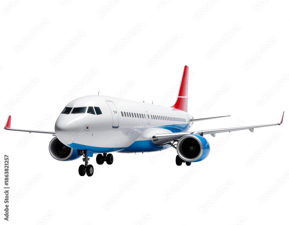 Obraz premium Passenger passenger jet aircraft in white and blue livery with red tail landing gear visible