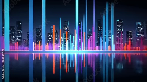 Futuristic Cityscape Reflection - A Vibrant Nighttime Vision.