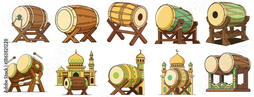 Traditional Bedug Drum Illustration Set