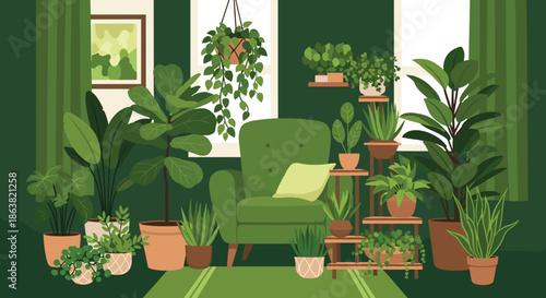 Cozy living room urban jungle with a green armchair surrounded by numerous lush houseplants, creating a biophilic interior design.