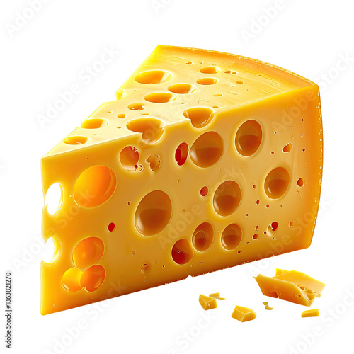 Triangular cheese wedge with holes, isolated on a black background