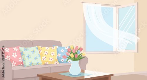 Bright and airy living room interior with a comfortable sofa, floral cushions, and a vase of tulips by an open, breezy window.