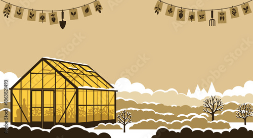 Cozy winter landscape with a warmly lit greenhouse full of plants, surrounded by snow and decorated with a garden-themed banner.