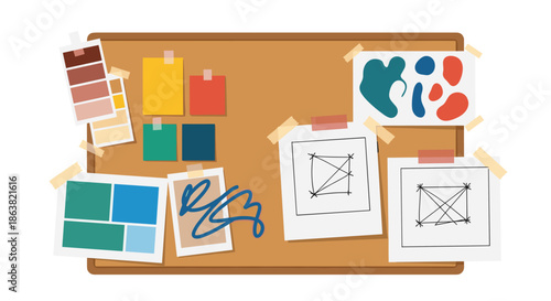 Creative mood board on a cork surface featuring taped color palettes, abstract art, sketches, and notes for brainstorming ideas.