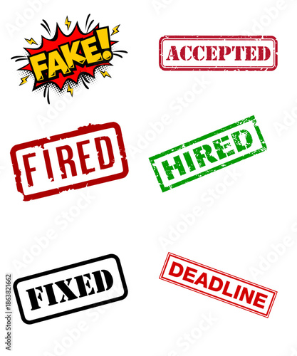 Collection of distressed, grunge rubber stamp icons featuring approval, rejection, hiring, and fake designations on transparent background