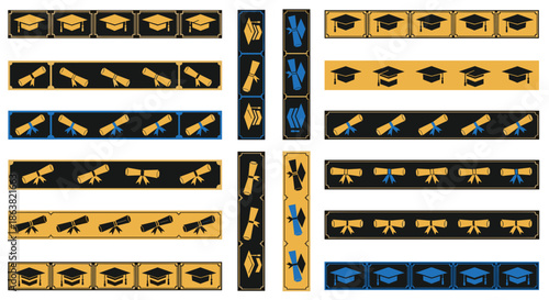 Set of pixel art graduation-themed borders and dividers with mortarboards and diplomas for academic achievement and ceremony designs.