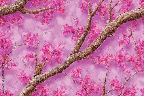 Pink camouflage pattern with brown leaves and tree branches, perfect for hunting apparel and gear.