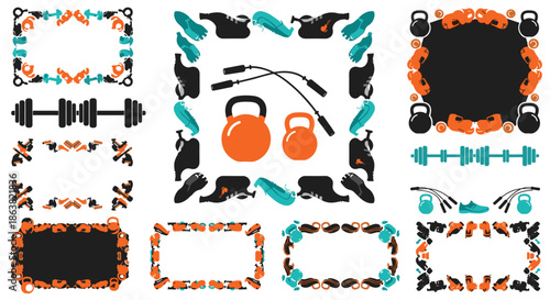 Collection of frames and design elements made from gym and fitness equipment like dumbbells, kettlebells, and shoes.