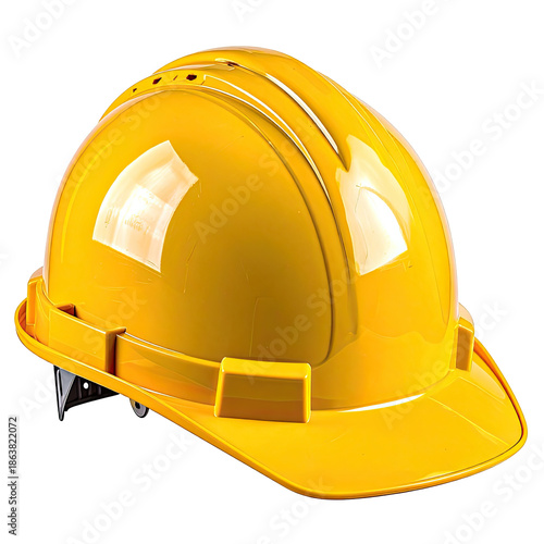Shiny yellow protective headgear with a visor and adjustable straps