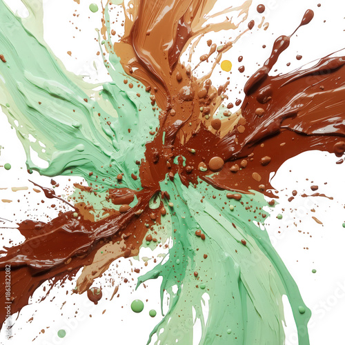 Dynamic liquid collision: mint green & brown paint splashes