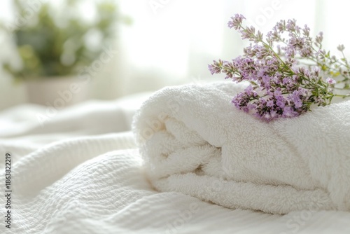 White towel with lavender offering spa relaxation concept