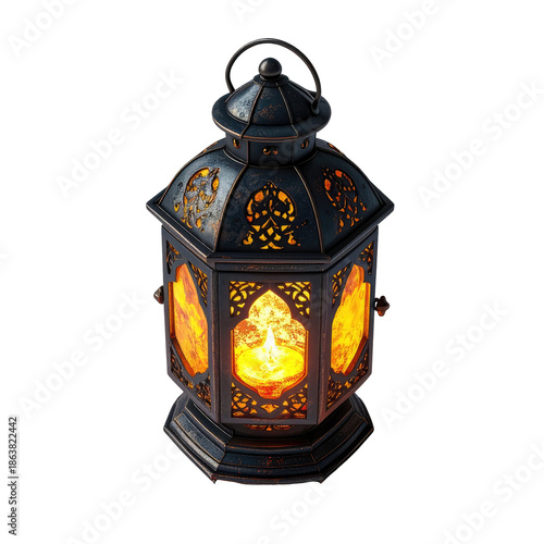 Ornate, illuminated, metallic lantern with intricate cut-out designs
