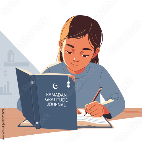 Young Girl Writing in Ramadan Gratitude Journal During Children Activities