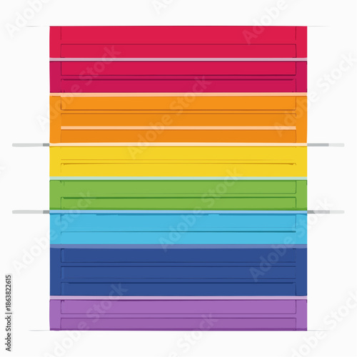 Vibrant Rainbow Color Stripes Arranged Horizontally with Subtle Gray Lines Separating Each Color Band Creating a Spectrum of Hues on a White Background with Soft Shadows Suggesting Depth and