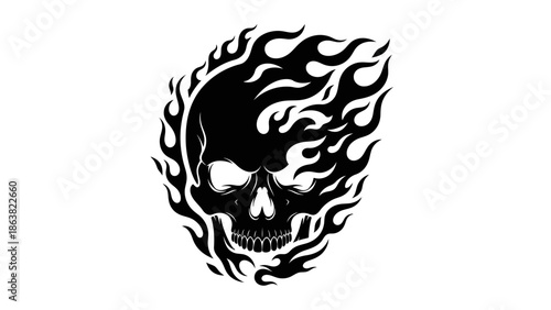 Flaming Skull Illustration Black and White.