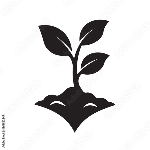 Small Plant Sprout Growing in Soil Vector Icon, Nature Growth Eco Seedling Minimal Black Illustration