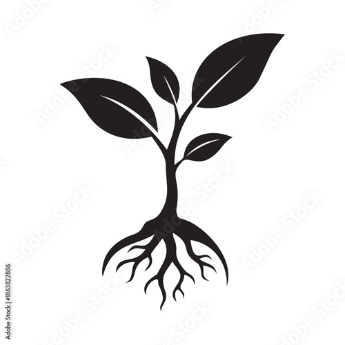 Plant with Roots Vector Icon, Tree Growth Concept Nature Botany Organic Rooted Plant Silhouette Illustration