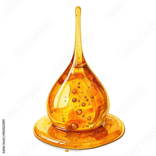 Artistic illustration of a glossy, golden liquid droplet and puddle