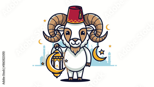 cartoon ram wearing fez hat with lantern and crescent moon