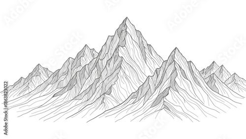 Detailed Pencil Drawing of Mountain Range.