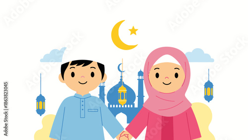 happy muslim kids in front of mosque on eid al fitr