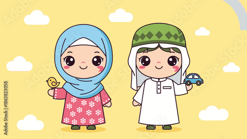 happy muslim kids with toys on yellow background