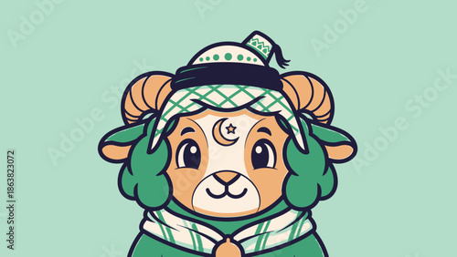 cartoon ram in green winter clothes and hat