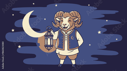 Ram holding lantern under crescent moon
