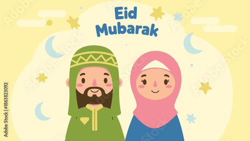 Eid Mubarak greeting cartoon couple in traditional muslim clothing