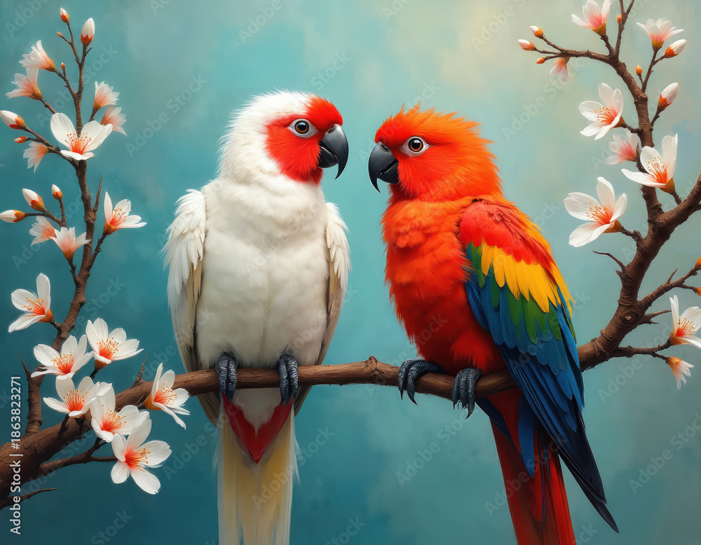 Obraz premium Two parrots perch on a flowering tree branch against a teal sky. A white cockatoo with red face markings sits beside a vibrant orange, yellow, blue, and green macaw.