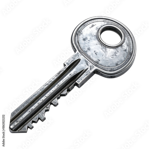 Metallic silver key isolated on a black background, worn look