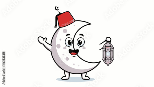 Crescent moon character with lantern and red fez hat