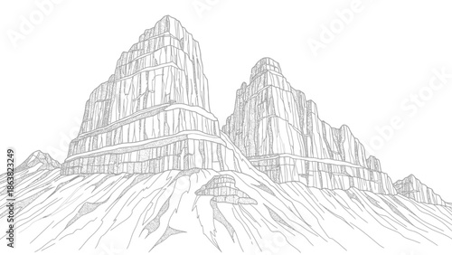 Detailed Pencil Drawing of Mountain Landscape.