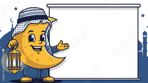 Ramadan Kareem greeting card with smiling crescent moon in keffiyeh