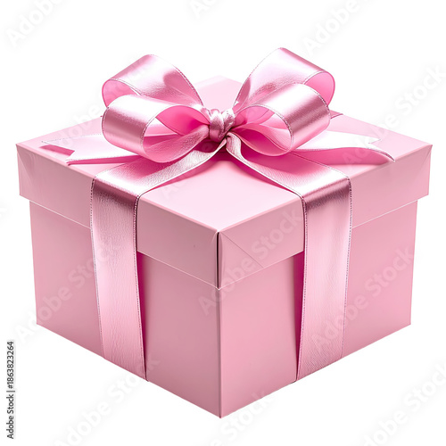 Pink gift box with satin ribbon and bow on black background