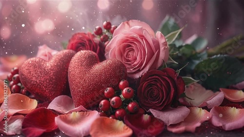 Luxurious Roses and Glitter Hearts with Dreamy Bokeh Background. marriage life, married couple.