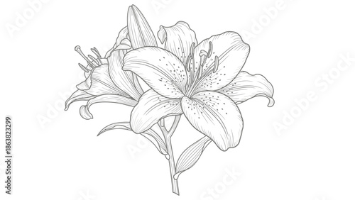 Detailed Line Drawing of Lily Flower.