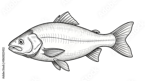 Detailed Line Drawing of a Fish.