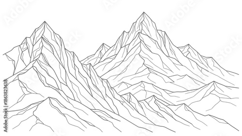 Detailed Black and White Mountain Illustration.