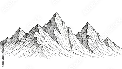Detailed Black and White Mountain Range Illustration.