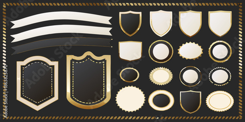 Elegant collection of vintage style badges shields and ribbon banners in gold