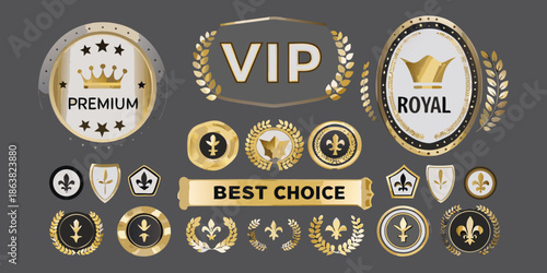 A collection of golden and silver vip premium royal badges and labels