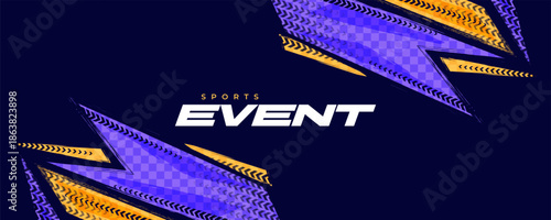 Abstract Sports Event Background with Dynamic Arrow Shapes and Modern Purple Yellow Design. Suitable for Tournaments, Competitions, and Branding Banners