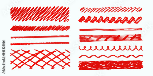 Collection of various red scribble lines and textured brush stroke patterns