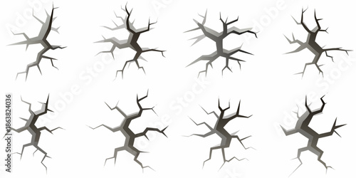 A collection of grey cracked ground textures arranged on a white background